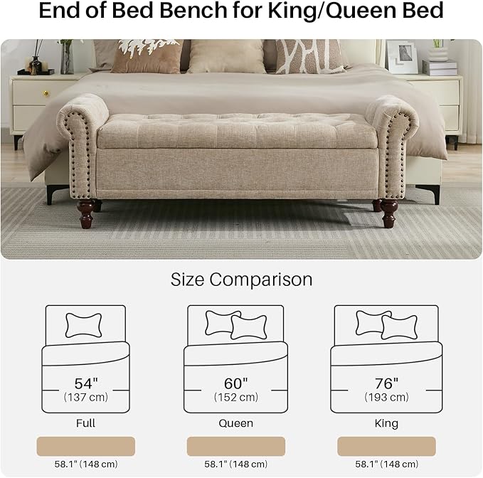 58.1'' Storage Bench Upholstered Chenille End of Bedroom Bed Bench Ottoman with Tufted Cushioned Rolled Arm Large Storage Space for Reading Living Room Entryway, Light Brown-PawvioPets