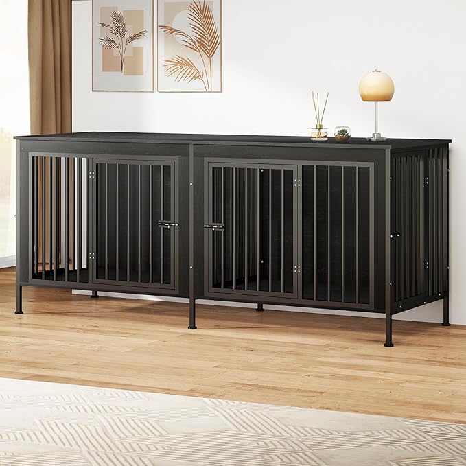 78 Inch Dog Cage Furniture for 2 Large/Medium Dogs with Removable Divider, Extra Large Double Doors Dog Kennel, XXL Thick Wooden Dog cage Furniture, Durable and Sturdy, Dark Grey-PawvioPets