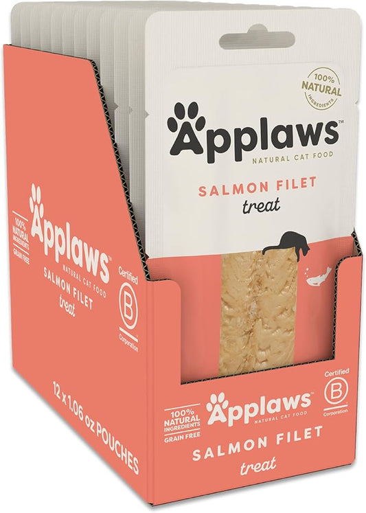 Applaws Natural Cat Treats, Grain-Free, High-Protein Whole Salmon Loins, Single-Ingredient Healthy Snack for Cats (12 x 1.06 oz Loins)-PawvioPets