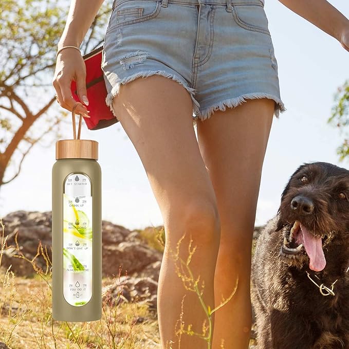 Aqulea Glass Water Bottles with Silicone Sleeve - BPA Free Reusable Wide Mouth Glass Motivational Water Bottles with Fruit Infuser – Leak Proof Borosilicate Water Bottle with Time Marker-PawvioPets