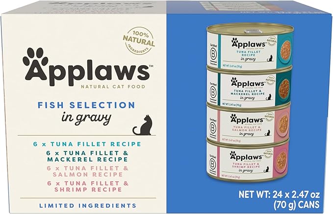 Applaws Natural Wet Cat Food in Gravy, Limited Ingredient Canned Wet Cat Food, No Additives, Made with Natural Ingredients, Fish Selection in Gravy Cans (24 x 2.47oz Cans)-PawvioPets