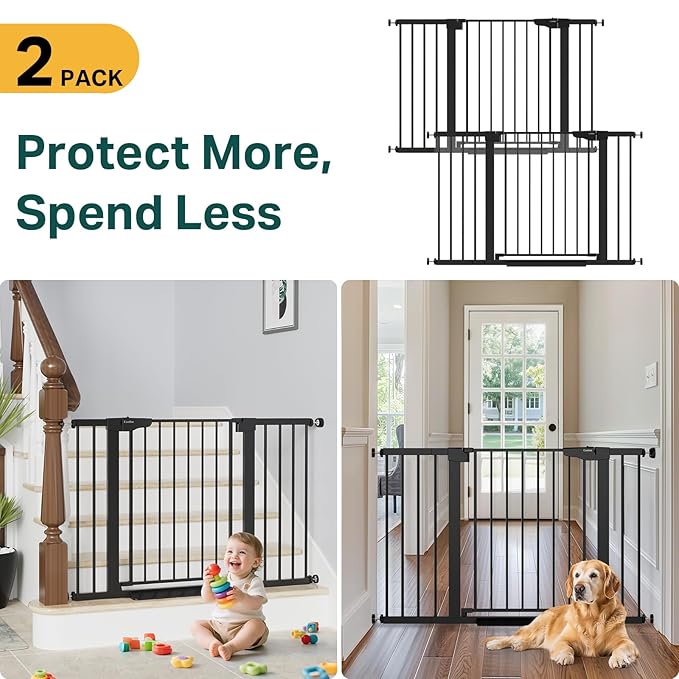 Cumbor 2 Pack 29.7"-48" Baby Gate for Stairs, Mom's Choice Awards Winner-Dog Gate for Doorways, Pressure Mounted Auto-Close Pet Gates for Dogs Indoor, Safety Child Gate with Easy Walk Thru Door,Black-PawvioPets