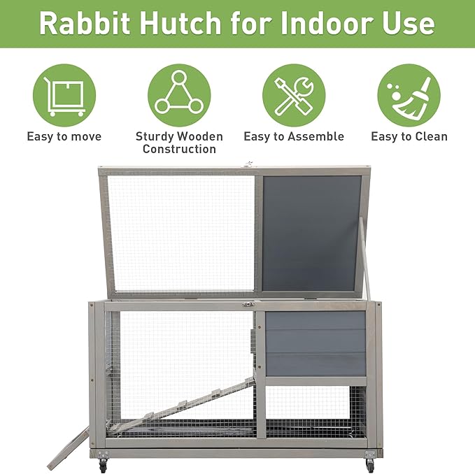 COZIWOW Wooden 36Inches Rabbit Hutch Outdoor with Wheels Bunny Cage Indoor Rabbit Cage with Clean Tray, Openable Roof, Anti-Slip Ramp for Small Bunny (Grey with Pattern)-PawvioPets