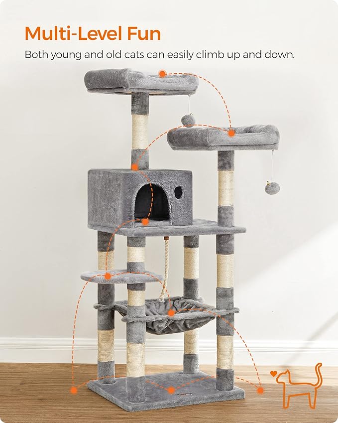 FEANDREA Cat Tree, Cat Tower for Indoor Cats, 56.3-Inch Cat Condo with Scratching Posts, Hammock, Plush Perch, Light Gray UPCT15W-PawvioPets
