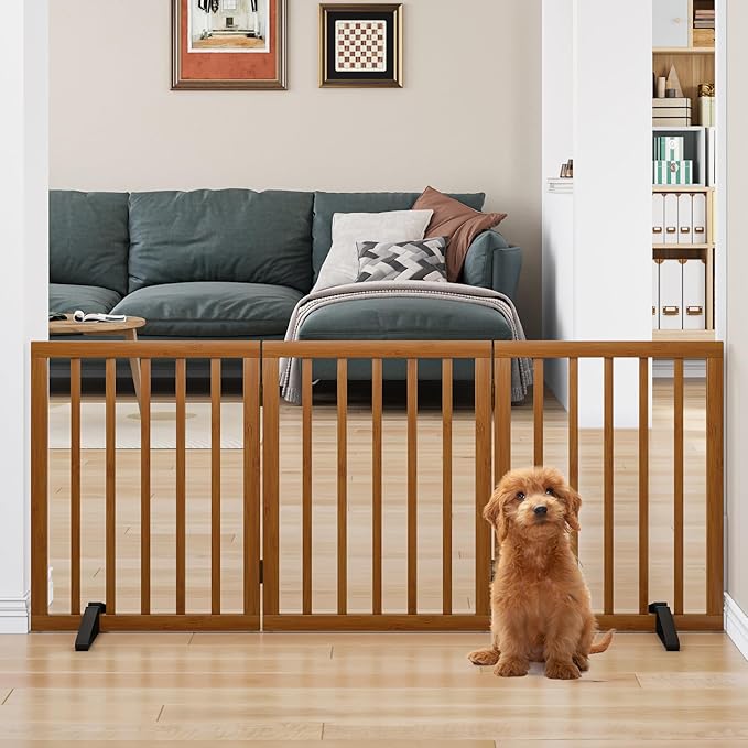 Freestanding Pet Gate Foldable Dog Gate (55 inches Wide) Walnut Bamboo Dog Gates for Stairs Doorways House (2 Support Feet Included)-PawvioPets