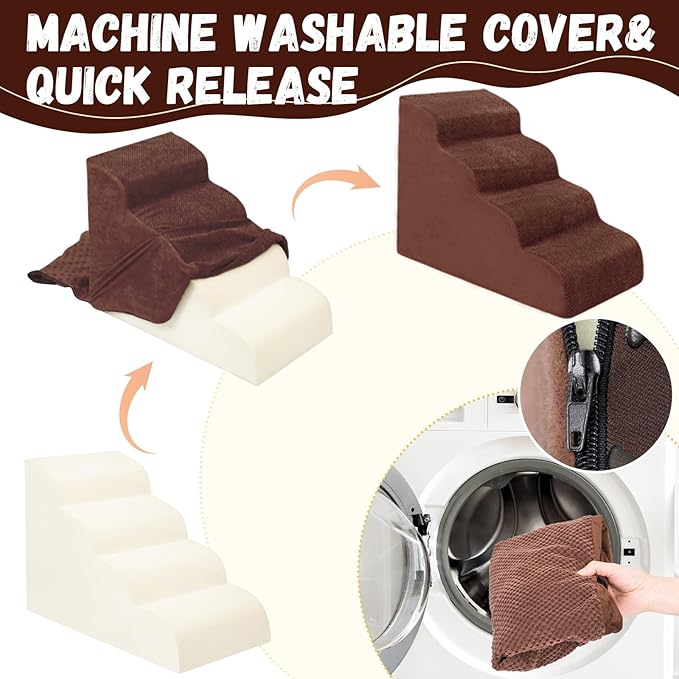 Dog Stairs for Small Dogs - High Density Foam Pet Steps, Extra Wide Dog Ramp with Non-Slip Bottom for High Beds, Couch and Sofa, Best for Dogs Injured, Older Doggy Cats,4 Steps, Brown-PawvioPets