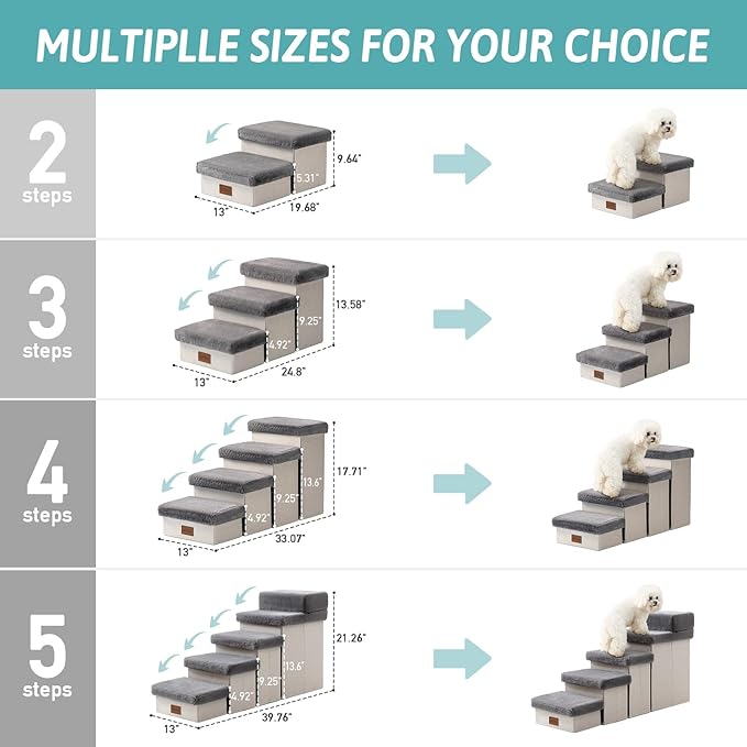 Dog Stair for Small Dogs with Storage, Foldable Pet Step with Soft Cover, Older Cat Ramp for Chair Couch Sofa, Lightweight, Durable, Comfort, 39.7x13x21.2 inch, 5 Tiers, Grey-PawvioPets