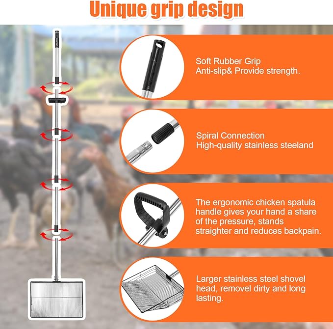 15 inch Large Chicken Poop Scooper with Ergonomic Grip, 6 in 1 Detachable Chicken Scooper for Poop Shovel (20 to 79"), Stainless Steel Sifting Shovel for Chicken Coop/Goat Stall/Stable Cleaning Tool-PawvioPets