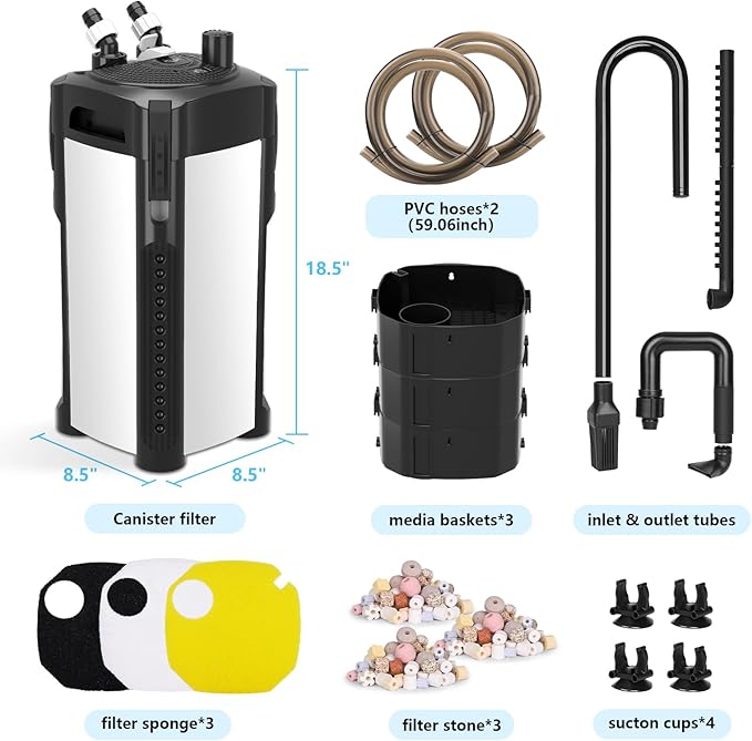 AQQA 581GPH Canister Filter, Ultra-Quiet External Aquarium Canister Filters, 3 Stage Filtration Aquarium Filter with Quartz Balls and Filter Cotton for Fish Tanks and Aquariums Up to 150 Gallon 35W-PawvioPets