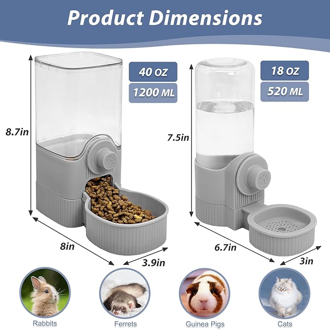 Fhiny Rabbit Food & Water Dispenser, Large Capacity Gravity Guinea Pig Feeder and Waterer Set Hanging Automatic Bunny Feeder for Cage for Bunny Guinea Pig Chinchilla Ferret Cat Puppy-PawvioPets