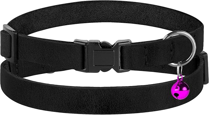 Breakaway Cat Collar Leather with Removable Bell - 13 Colors Available - Soft Adjustable Girl Boy Safety Lightweight Pet Kitten Collars Pink Brown Blue Green Red Orange Black (Black)-PawvioPets