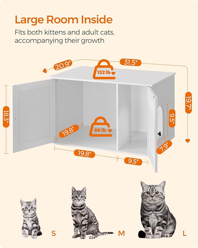 Feandrea Cat Litter Box Enclosure, Litter Box Furniture Hidden with Removable Divider, Indoor Cat House, End Table, 31.5 x 20.9 x 19.7 Inches, White UPCL002W01-PawvioPets