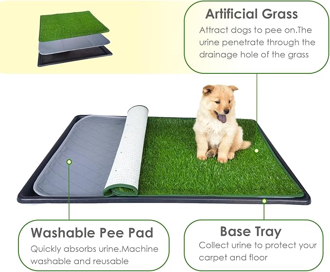 Dewonch Dog Artificial Grass Pad with Tray for Puppy Potty Training, Fake Turf Patch & Washable Pee Pad Pet Loo for Small and Medium Dogs, Indoor or Outdoor Use (Potty System 35.4” x 23.6”)-PawvioPets