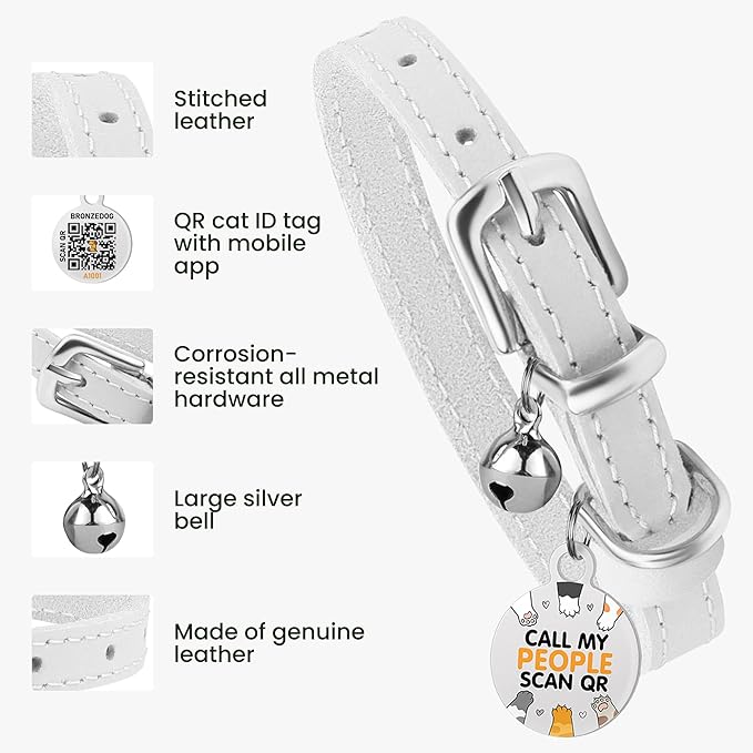 BRONZEDOG Leather Cat Collar with Removable Bells Non Breakaway Kitten QR Tag for Girl Boy (7" - 9" for Cats, White & Silver)-PawvioPets