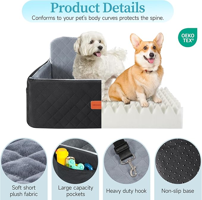 Dog Car Seat for Medium/Large Dogs, Pet Booster Seat for Under 55 lbs or 2 Small Dogs, Detachable & Washable Dog Car Bed for Backseat with 2 Safety Leashes (Black/Grey)-PawvioPets