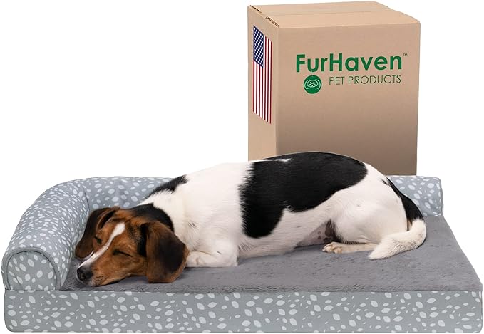 FurHaven Supportive Cooling Memory Foam L Chaise Dog Bed with Washable & Removable Cover - Plush & Almond Print - Gray Almonds, Dogs Up to 35 lbs - Medium-PawvioPets