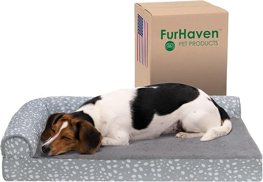 FurHaven Supportive Cooling Memory Foam L Chaise Dog Bed with Washable & Removable Cover - Plush & Almond Print - Gray Almonds, Dogs Up to 35 lbs - Medium-PawvioPets
