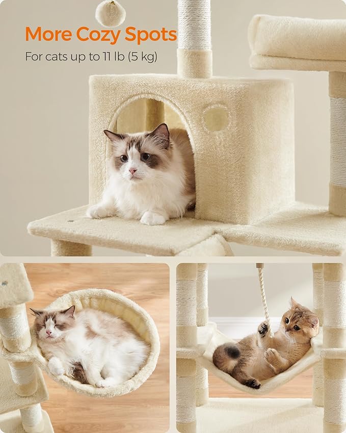 Feandrea Cat Tree, 66.1-Inch Large Cat Tower with 13 Scratching Posts, 2 Perches, 2 Caves, Basket, Hammock, Pompoms, Multi-Level Plush Cat Condo for Indoor Cats, Beige UPCT165M01-PawvioPets