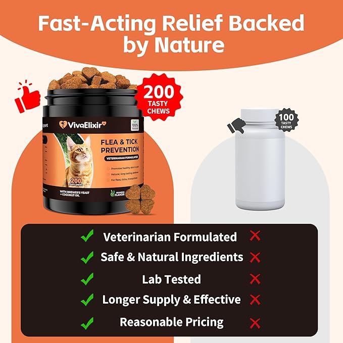 Flea & Tick Treatment for Cats – Natural Flea, Tick & Mosquito Prevention with Brewer’s Yeast, Coconut Oil – Skin & Coat Health, Immune Support – Vet Formulated 200 Chews-PawvioPets