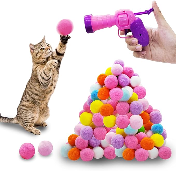 Andiker Plush Pom Pom Balls Set - Interactive Cat Toy (30pcs - Pink: 100balls, Launcher Set)-PawvioPets