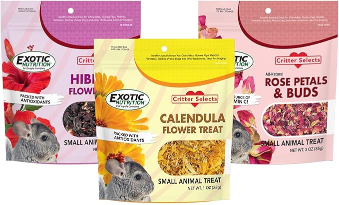Exotic Nutrition Flower Treat 3 Pack - Healthy Assortment - Hibiscus, Calendula, Rose - for Squirrels, Guinea Pigs, Rabbits, Chinchillas, Prairie Dogs, Degus, Hamster, Gerbils, & Other Herbivores-PawvioPets