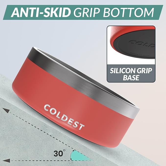 Coldest Dog Bowl - Anti Rust Metal, Non Slip, 3 Layers Insulated Stainless Steel Dog Bowls - Spill Proof & Heavy Duty - Water Bowl for Dogs, Cats & Pets, Dish Washer Safe (64 oz, Crimson Red)-PawvioPets