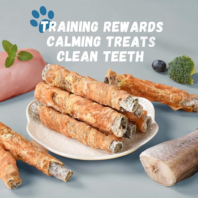 Dog Treats Chicken Wrapped Cod Fish Skin Sticks, Healthy High Protein Omega3 Cod Twist Dog Chews Real Chicken Wrap Teeth Cleaning for Large Medium Small Breeds, 10.6 oz-PawvioPets