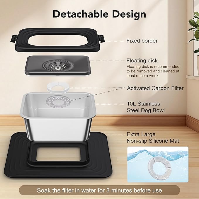 Decflow 10L Stainless Steel Dog Water Bowl, No Spill Anti-Splash Dog Bowls with XXL Silicone Mat, Spill-Proof Slow Feeder for Messy Drinkers, Heavy Duty Pet Bowls for Indoor/Outdoor Use Black-PawvioPets