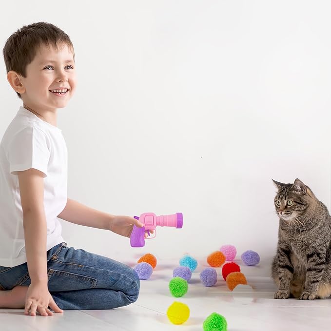 31Pcs Cat Ball Toy Launcher, 30Pcs Plush Fuzzy Balls, Cat Fetch Toy Gun Shooter for Indoor Kittens-PawvioPets