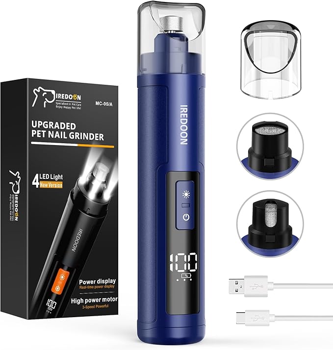 Dog Nail Grinder Upgraded - Professional 3-Speed Super Quiet and Low Vibration Electric Pet Nail Grinder with 4 LED Lights - Painless Paws Grooming & Smoothing for Small to Large Dogs (Blue)-PawvioPets