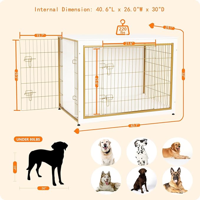 DWANTON Dog Crate Furniture with Cushion, Wooden Kennel Table with Double Doors, Indoor Dog House, Extra Large Size, 43.3" L, White+Gold-PawvioPets