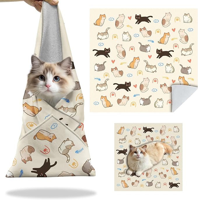 27.6"Cat Grooming Wrap, Self Adhesive Cat Wrap for Cutting Nails, Anti-Escape Calming Cat Swaddle Wrap for Medicine Ear Cleaning, Anti-Scratch Cats Burrito Restraint Blanket, Multifunctional Pet Tool-PawvioPets