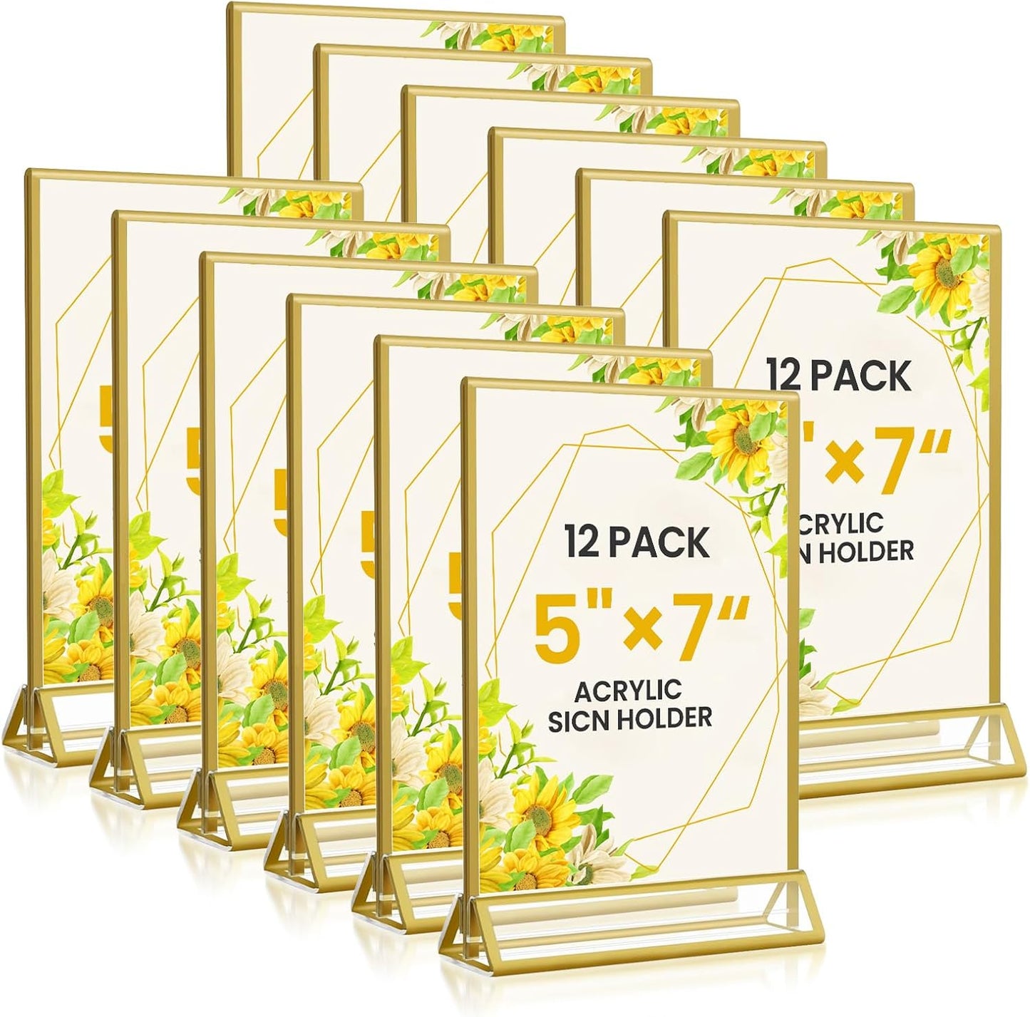 Acrylic Gold Sign Holders 5x7, 12 Pack Wedding Gold Table Number Holders, Double Sided Photo Display Picture Frame Paper Stand, Clear Flyer Stand Menu Holder for Wedding, Home, Party, Restaurant