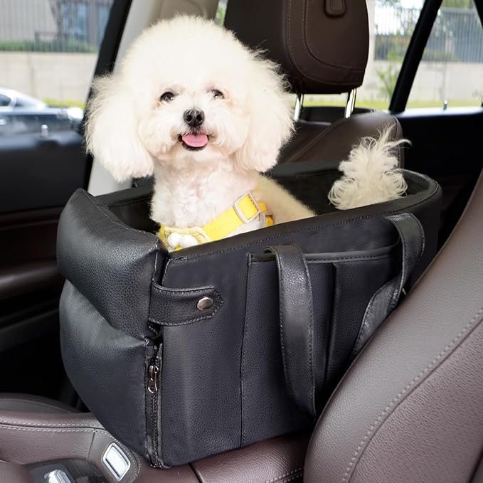 2 and 1 Center Console Dog Car Seat & Carrier for Small Dogs, Large Leather Dog Car Bed with Storage Pocket, Waterproof PVC Leather Seat Travel Bed for Front & Back Seat, Clip-On Safety Leash-PawvioPets