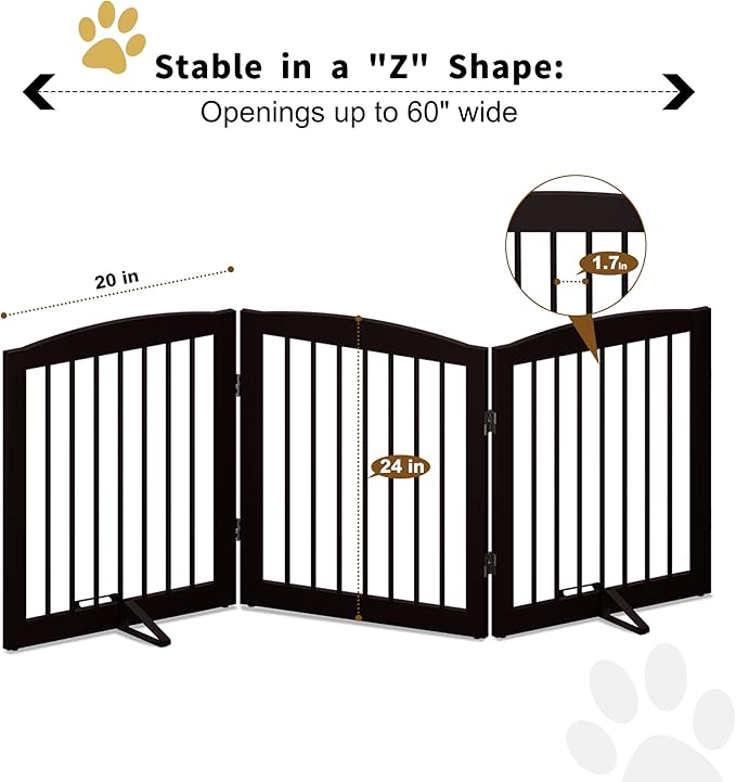Freestanding Pet Gate for Dogs, Foldable Wooden Dog Gate for House, Indoor Dog Gate for Doorways, Stairs, Gates for Dogs Indoor, Support Feet Included, 24" Height 3 Panels, Brown-PawvioPets
