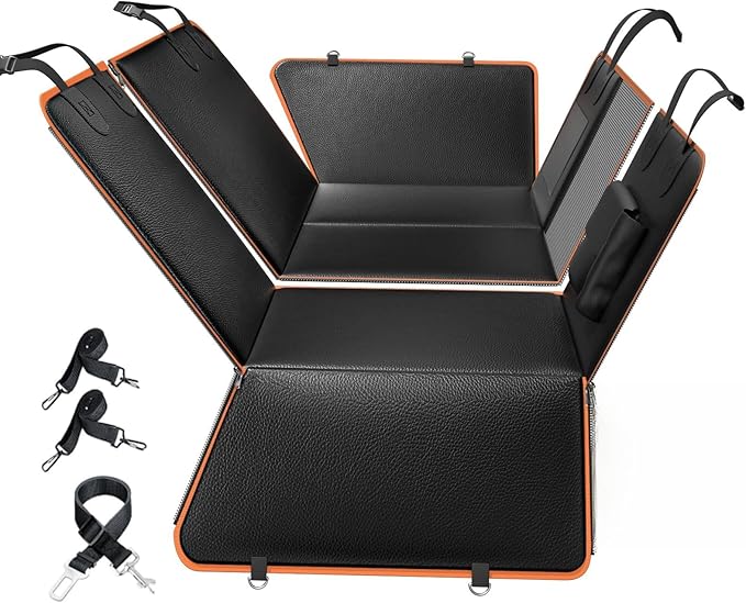 6-in-1 Leather Dog BackSeat Extender, Hard Bottom 40/60 Split Waterproof Car Back/Front Seat Cover, Rear Hammock Carseat Protector, Large Size Pet Mat for SUV/Truck/Cargo, Vehicle Bed Travel Accessory-PawvioPets