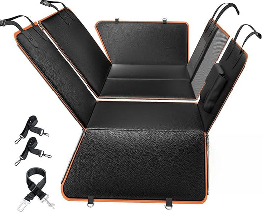 6-in-1 Leather Dog BackSeat Extender, Hard Bottom 40/60 Split Waterproof Car Back/Front Seat Cover, Rear Hammock Carseat Protector, Large Size Pet Mat for SUV/Truck/Cargo, Vehicle Bed Travel Accessory-PawvioPets
