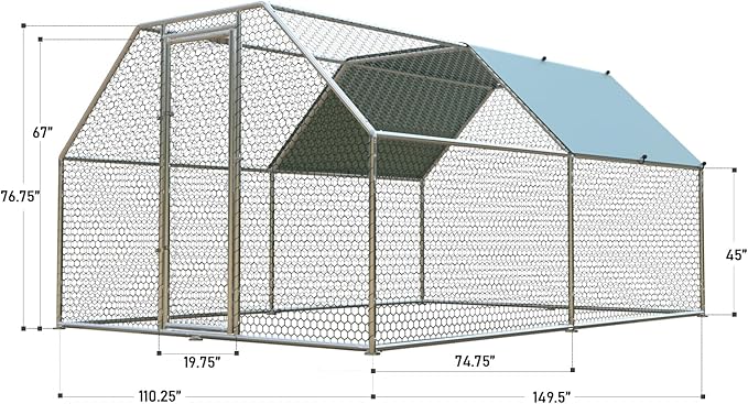 1.26'' Chicken Runs for Yard with Cover, Large Metal Chicken Run Walk in Metal, Outside Dog Kennel with Roof, Flat Roofed Outdoor Kennel for Cats(9.2’L x12.5’Wx 6.4’H)-PawvioPets