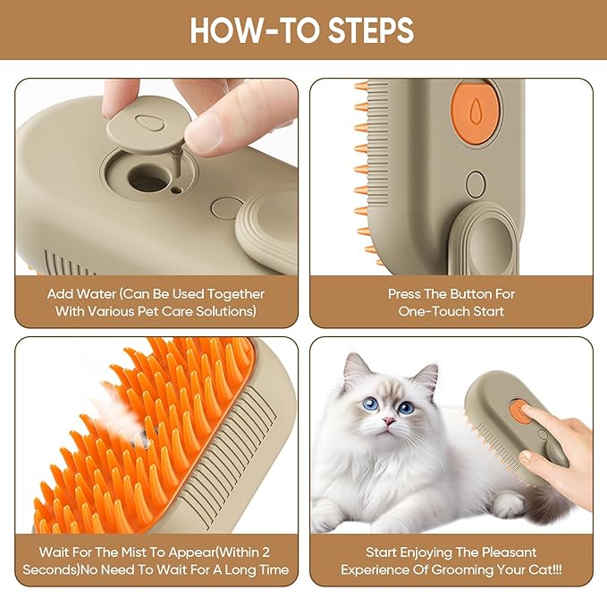4-in-1 Cat Steam Brush for shedding–Self-Cleaning Comb for Long and Short Hair Cats and Dogs, Steam Pet Brush for Hair Removal, Vibrating Message, Grooming & Relaxation (Khaki)-PawvioPets