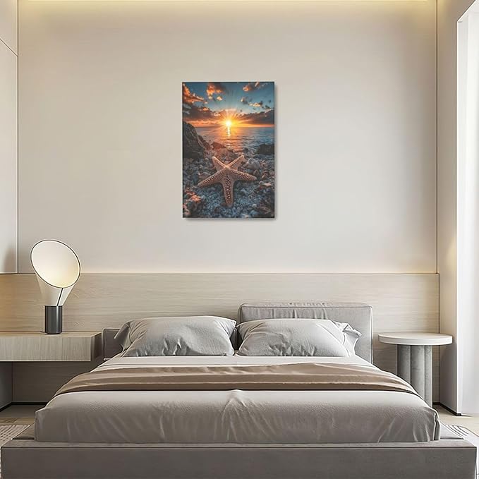 Beach Starfish Wall Decor Ocean Starfish Wall Art Sunset Scenery Coastal Theme Pictures Canvas Nature Seascape Painting Print Framed Artwork Decorations for Home Bathroom Living Room Bedroom Office 16"x24"-PawvioPets