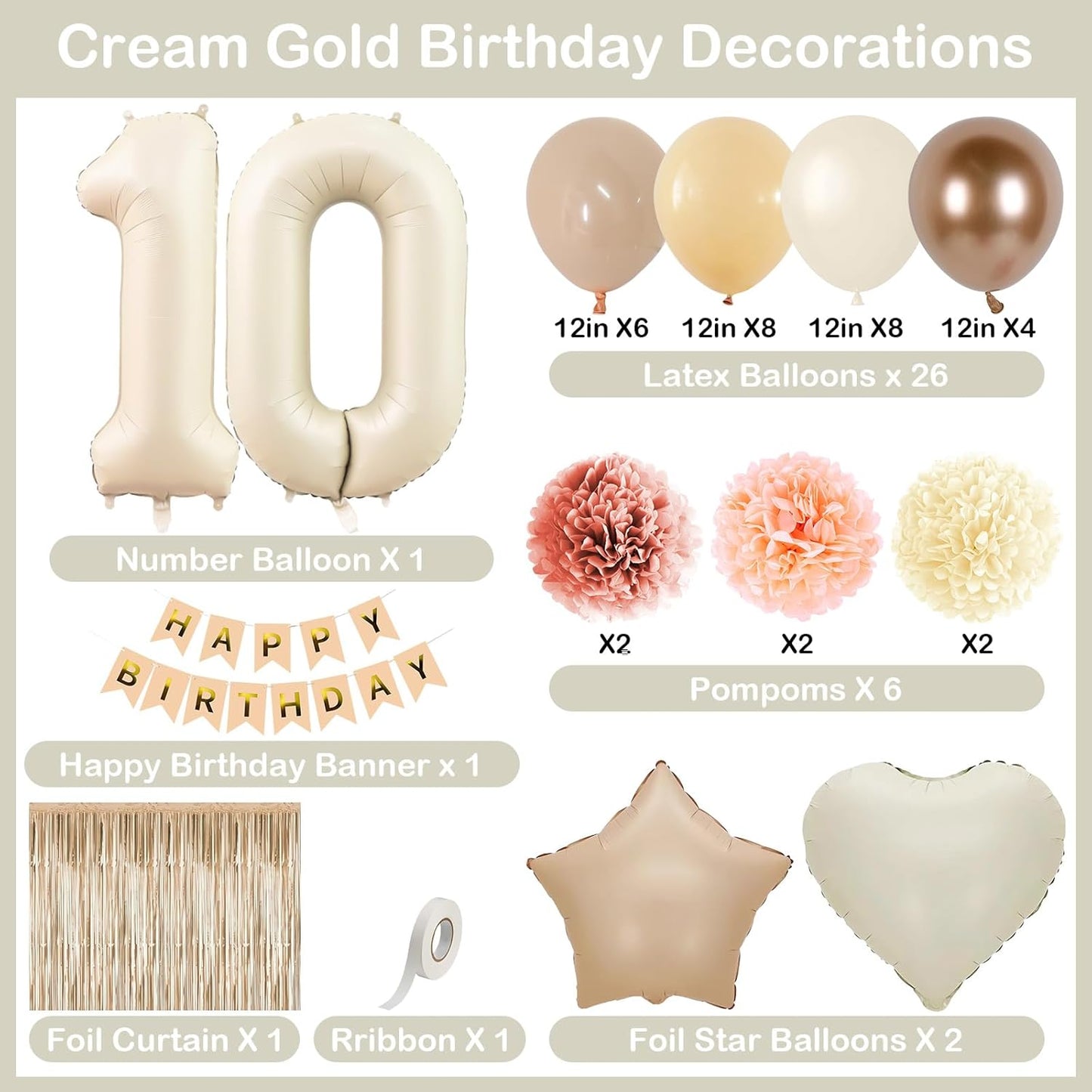 Beige 10th Birthday Decorations Girls Boys Cream Number 10 Balloon Nude Gold Happy Birthday Banner Fringe Curtain Paper Pom Poms Blush White Sand Champagne Star Foil Balloons Neutral Boho Party Decor