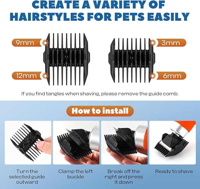200W Pet Grooming Clippers for Thick Heavy Coats, 2000-6000rpm Stepless Speed Control & 10ft Power Cord, Low Noise< 50db, Dog Trimmer Kit with Extra Detachable Blade & 2 Limit Combs of 4 Sizes-PawvioPets