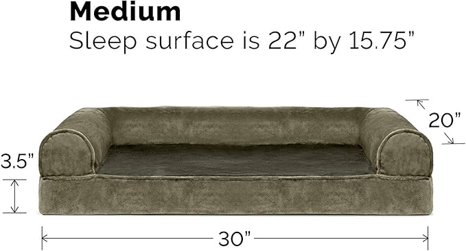 FurHaven Soft, Orthopedic Foam Sofa Dog Bed with Washable & Removable Cover - Faux Fur/Velvet - Dark Sage, Dogs Up to 35 lbs - Medium-PawvioPets