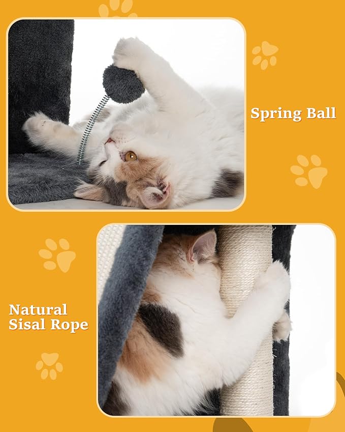 14‘’ Cat Tree Tower with Scratching Post, 20 * 16.5in Perch Bed for Large Adult Cats, Condo Cave for Indoor Small Medium Kittens, Dark Gray-PawvioPets