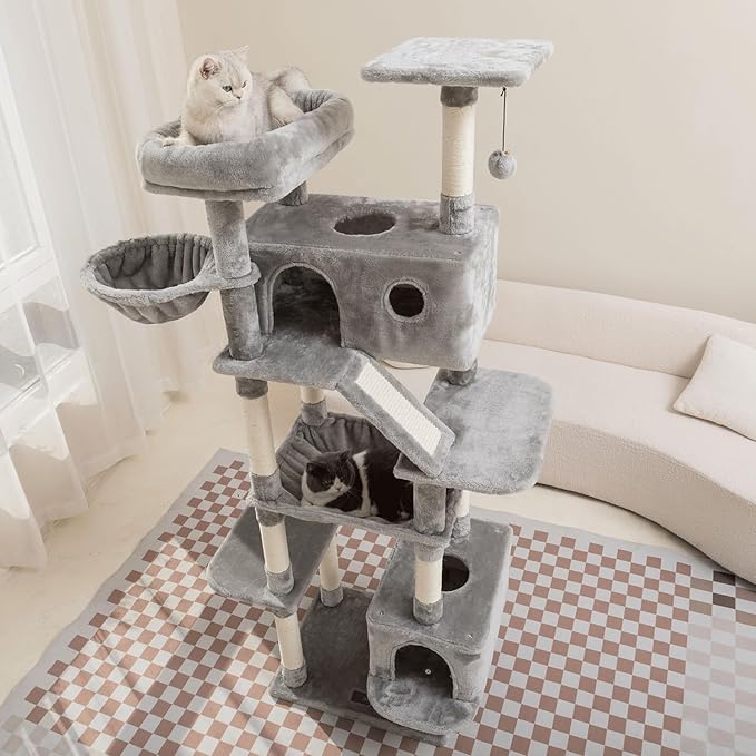 73 inches Large Cat Tree for Indoor Cats, Tall Cat Tower with Sisal Scratching Posts and Pads, Padded Plush Perch, Cozy Basket, Plush Condo for Large Cats (Grey)-PawvioPets