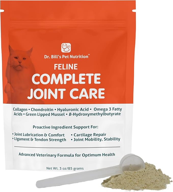 Dr. Bill’s Feline Complete Joint Care | Advanced Hip & Joint Supplement for Cats | Green Lipped Mussel Extract, Collagen Type II, Chondroitin, Hyaluronic Acid, Omega 3 and Colostrum | Powder, 85g-PawvioPets