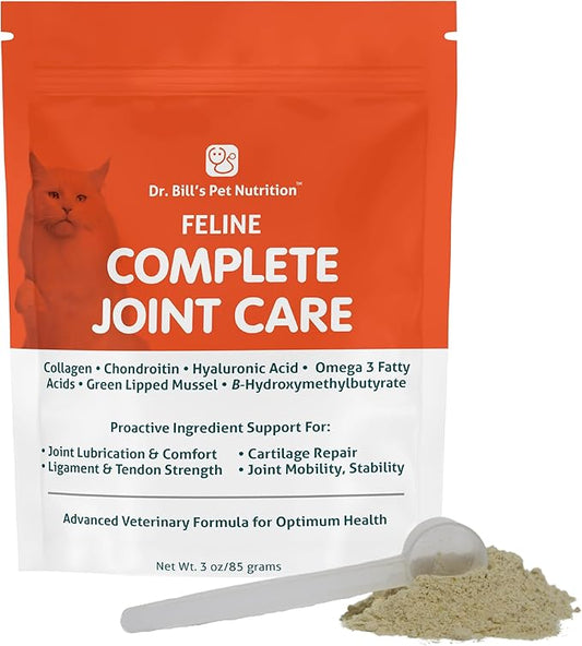 Dr. Bill’s Feline Complete Joint Care | Advanced Hip & Joint Supplement for Cats | Green Lipped Mussel Extract, Collagen Type II, Chondroitin, Hyaluronic Acid, Omega 3 and Colostrum | Powder, 85g-PawvioPets