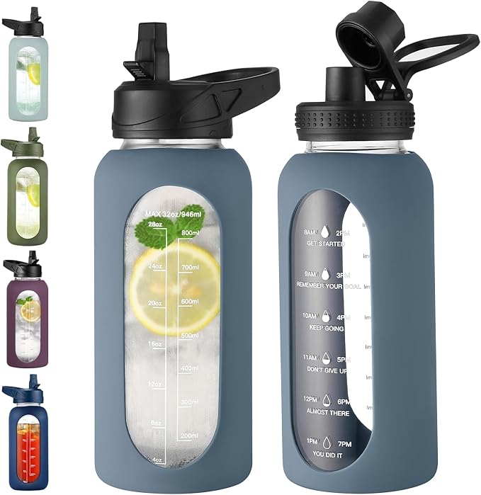 32 oz Glass Water Bottle with Straw and Handle, Sports Motivational Water Flask with Silicone Sleeve, Large Leakproof Water Flask Cup with Time Marker for Travel, Gym, Dark Blue-PawvioPets
