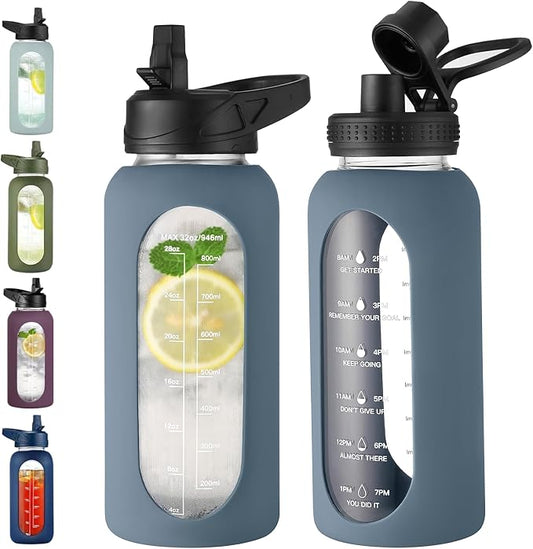 32 oz Glass Water Bottle with Straw and Handle, Sports Motivational Water Flask with Silicone Sleeve, Large Leakproof Water Flask Cup with Time Marker for Travel, Gym, Dark Blue-PawvioPets