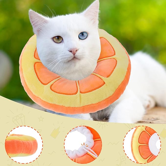 2 Pcs Adjustable Cat Cone Collar Soft Small Cute Cat Recovery Donut Collar After Surgery Orange Watermelon Elizabethan Kitten Neck Cones for Small Dogs Pet, Fruits Shaped, Under 7 lbs-PawvioPets
